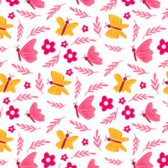 Cheerful Pink and Yellow Floral Pattern with Leaves and Butterflies – Seamless Spring Design