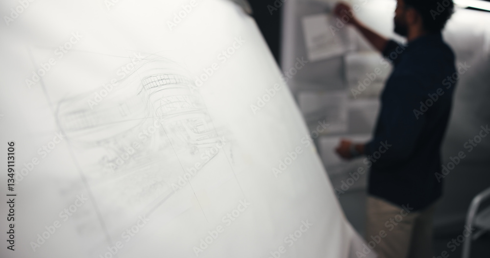 Poster man, blueprint or night with construction design or drawing for building plan, document or architect