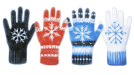 Colorful Snowflake Patterned Knitted Winter Gloves With Transparent Background Illustration