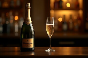 シャンパンボトルとグラスが輝く大人のバータイム