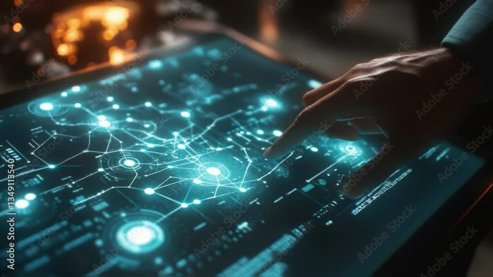 Poster businessman's hand navigating a complex digital network displayed on a futuristic touchscreen interf