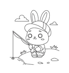 Obraz premium Coloring book cute bunny fishing in the lake nature