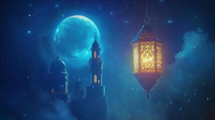 Ramadan Lantern Floating in Night Sky with Mosque Silhouette and Crescent Moon Shining Among Stars with Glowing Light
