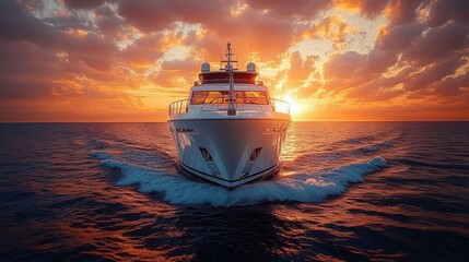 Fototapeta premium Luxurious yacht cruising at sunset, vibrant colors reflecting on water