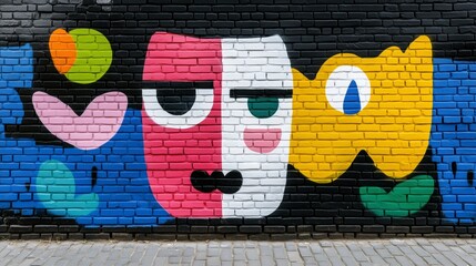 Colorful urban mural featuring abstract faces, shapes, and vibrant patterns on a city wall