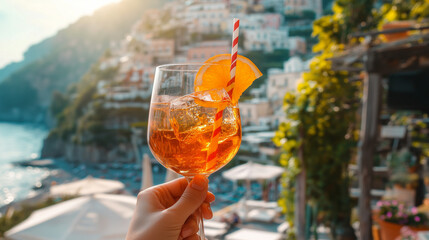 Holding an aperitif cocktail aperol spritz venetiano in Positano Italy Coastal landscapes