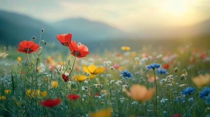 Obraz premium Vibrant Field of Colorful Flowers with Majestic Mountains in the Background Under a Clear Blue Sky
