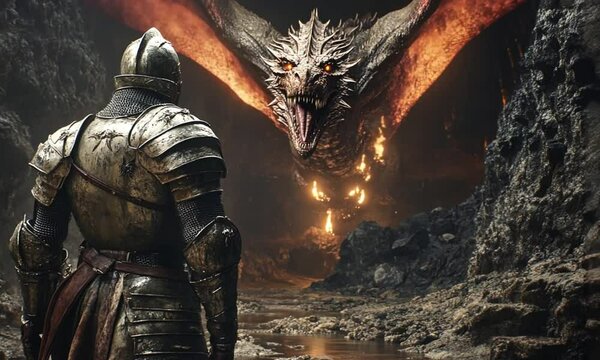 A valiant knight in shining armor faces a fearsome dragon amidst a fiery cavern.