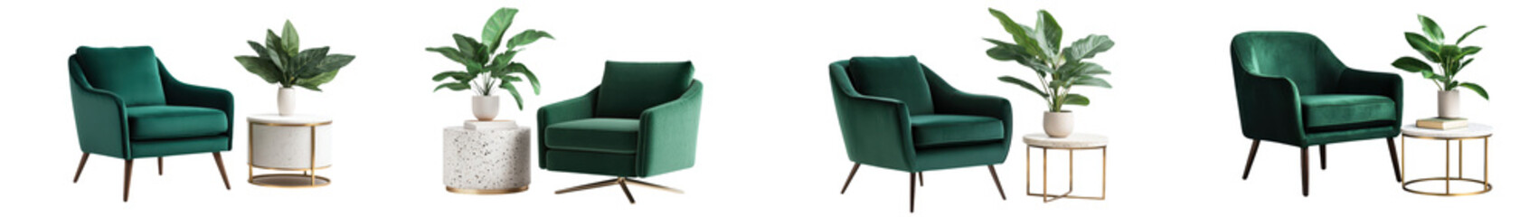 Fototapeta premium Luxurious green velvet armchairs with complementary potted plants and minimalist metal side tables creating a warm and inviting ambiance in a stylish modern living room interior