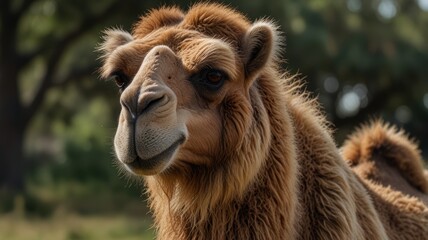 Close-up of a camel's face and upper body.  Soft light highlights its features
