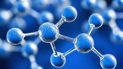 Blue Molecular Structure, Linked Nodes With Bonding Energy, Isolated on Blue Background.