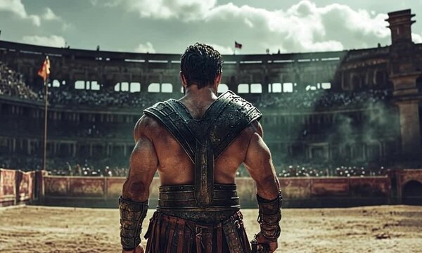 A muscular gladiator stands in the arena, facing the crowd, anticipation etched on his back.