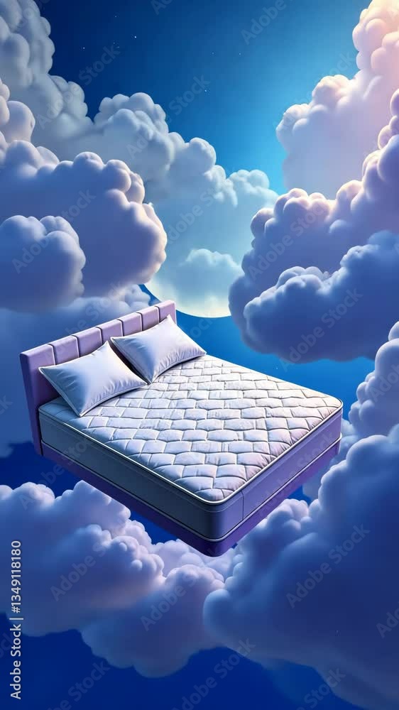 Poster A bed is floating in the sky with clouds. The bed is on top of a mattress. There are two pillows on the bed