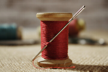 Sewing and tailoring concept. Spool of thread with needle