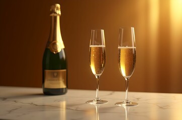 温かな光に浮かび上がるシャンパンボトルとフルートグラスの高級商品撮影