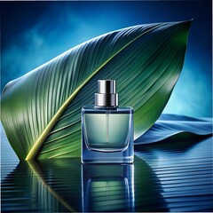 bottle of perfume on blue hue banana leaf background