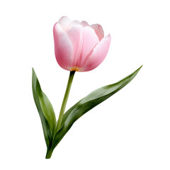 Fototapeta premium Watercolor painting of pink tulip flower with green stem and leaves