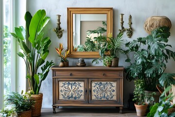 Stylish and retro composition of living room, Generative AI	