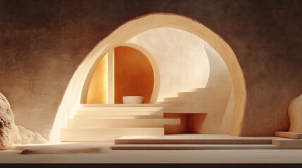 Beige architectural structure with arches and steps. Soft sunlight streams through