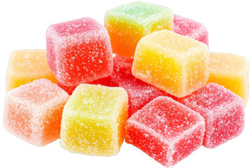 Colorful Sugar-Coated Fruit Jelly Candy Cubes Pile on Transparent Background Photo