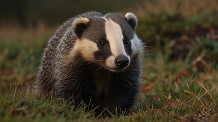 Close-up of a badger in its natural habitat.
