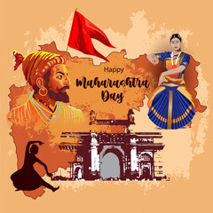 Happy Maharashtra Day Vector – Shivaji Maharaj, Traditional Dance, Iconic Architecture & State Map – Ideal for Social Media, Greeting Cards, Posters, and Festive Celebration Designs
