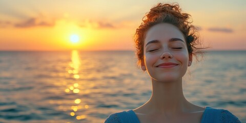 Portrait of Smiling Serene Woman in Sunset Glow at Seaside, Evoking Serenity and Relaxation