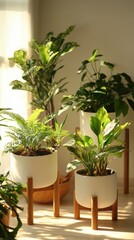 Tropical houseplants in white planters on wooden stands in sunlit room