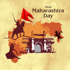Happy Maharashtra Day Illustration – Shivaji Maharaj, State Map, Gateway of India & Saffron Flag – Perfect for Cultural Festivities, Posters, Social Media, and Digital Greetings.