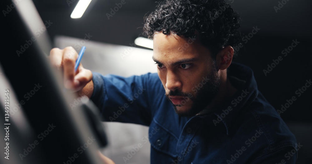 Aufkleber project, designer or man with board for drawing, sketching or editing with artistic skills in office