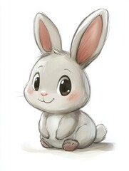 A cartoon rabbit with a smile on its face. Cute animal, a simple flat illustration, with minimal details and white background