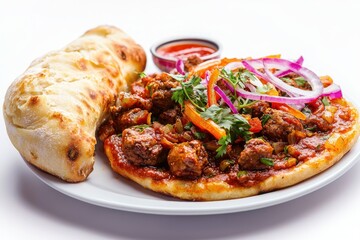 Delicious and colorful naan pizza with meat vegetables herbs and sauce on a white plate healthy lifestyle photography