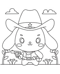 Coloring book rabbit cowboy pose illustration for kid creative