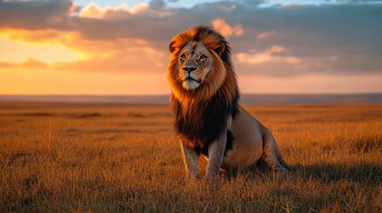 Majestic lion at sunset in African savanna