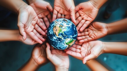 Global Unity Hands Around Earth, Diverse hands clasped together surrounding a globe, symbolizing global cooperation and unity. Focuses on interconnectedness and shared responsibility for our planet.