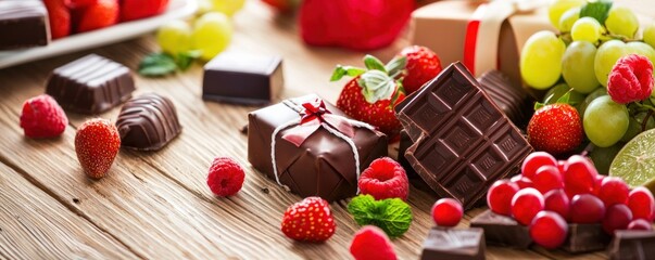 Indulgent Chocolate Treats with Fresh Berries and Grapes on Rustic Wood Surface for a Sweet Delight