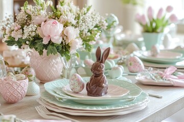 Pastel Easter Table Setting with Chocolate Bunny and Floral Decor
