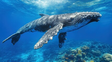 Naklejka premium Majestic humpback whale gracefully swims above vibrant coral reef in clear ocean water