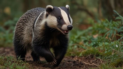 Badger in motion, forest terrain
