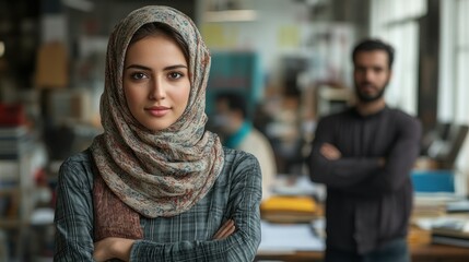 Confident woman in hijab, professional setting.  A young woman wearing a hijab, with arms crossed, stands confidently in a modern office space.  A man is slightly blurred in the background