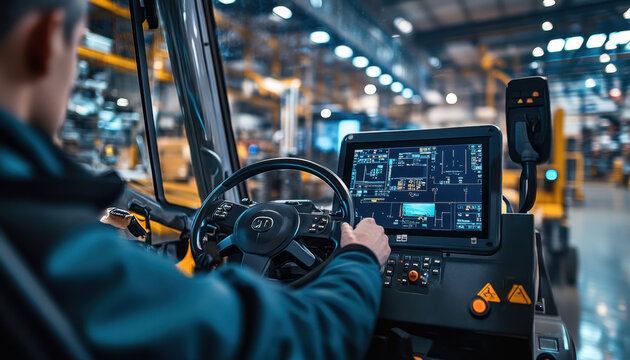 An operator focuses on a high-tech control panel while navigating through a bustling industrial warehouse filled with equipment and shelves, emphasizing efficiency and precision