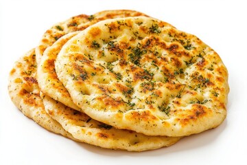 Golden naan bread stack with herb topping on clean white surface culinary delight studio shot indian cuisine