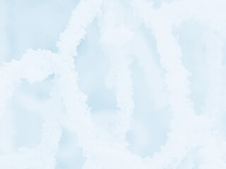 Snow and rime ice on the branches of bushes. Beautiful winter background with trees covered with hoarfrost. Plants in the park are covered with hoar frost. Cold snowy weather. Cool frosting texture.