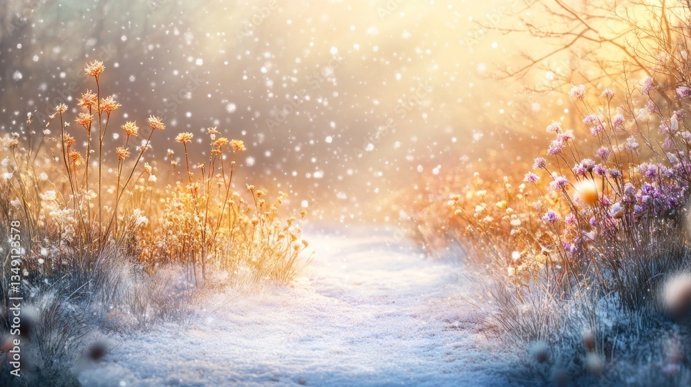 Poster magical winter scene with snow falling on a path through frosty wildflowers.