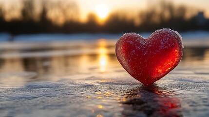 Frozen red heart at sunset on ice.