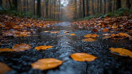 Obraz premium Rainwater flows on a leaf-covered road in a forest, a tranquil scene.