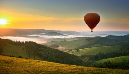 Fototapeta premium Serene scene of a hot air balloon gently floating over rolling hills, peaceful landscape at sunrise, dreamy aerial view, tranquil nature atmosphere
