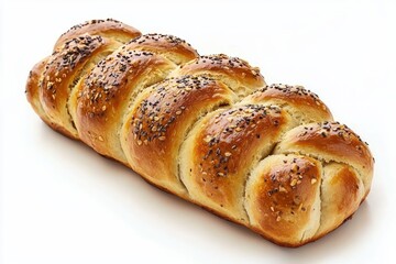 Golden challah bread adorned with sesame seeds on white blackground food photography studio shot food photography
