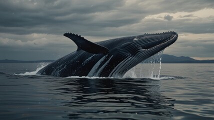 Fototapeta premium Majestic Whale Breaches Ocean Surface