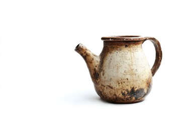 Antique Ceramic Teapot Isolated on White Background with Rustic Texture